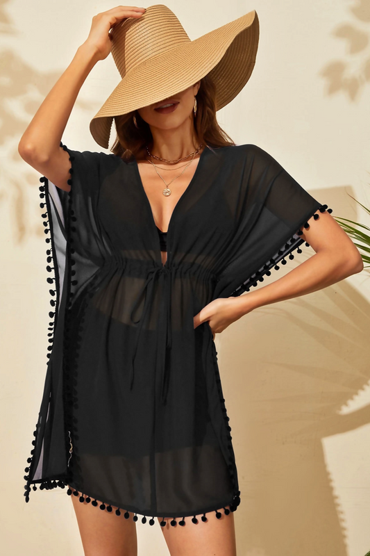 Black Pom-Pom Trim Beach Dress