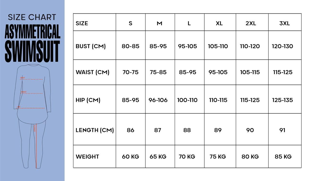 Asymmetrical swimsuit size chart
