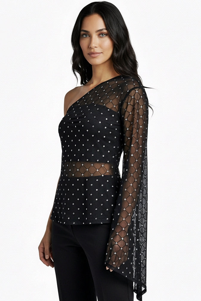 Sheer Glitter Asymmetrical Top